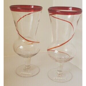 Set of 2 TGI Friday’s Hand Blown Large Hurricane Red Swirl Glasses Daiquiri VTG